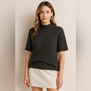 Talbots Cable Knit Funnel Neck Cashmere Silk Charcoal Gray Preppy Sweater Large